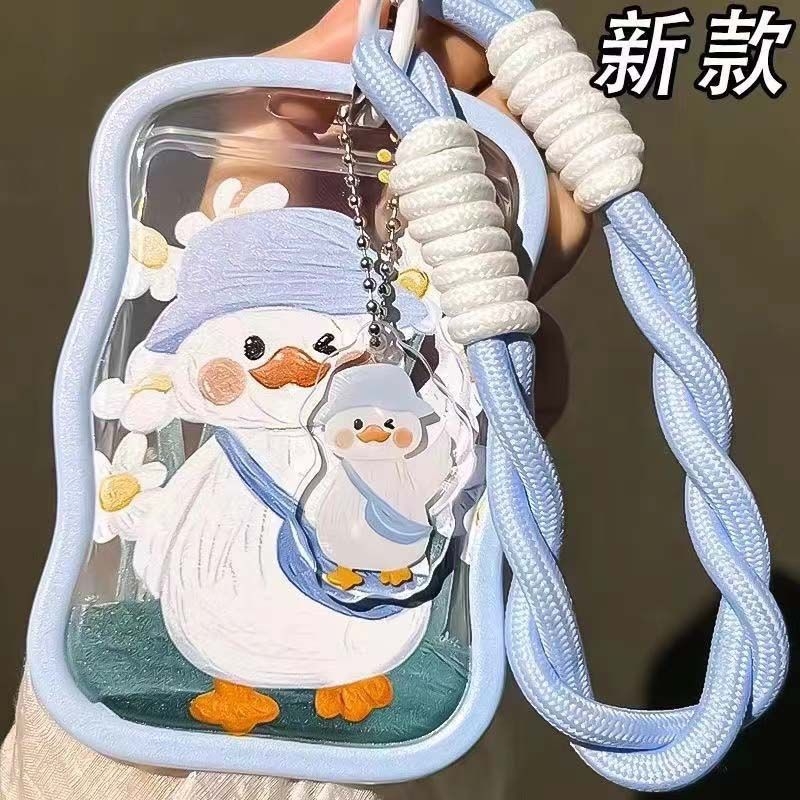 油画蓝帽大白鸭NFC感应卡套学生滑盖饭卡地铁电瓶车小区卡包学生卡公交卡身份证件门禁卡工作证件套挂件