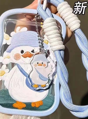 油画蓝帽大白鸭NFC感应卡套学生滑盖饭卡地铁小区卡包学生卡公交卡身份证件门禁卡工作证件套挂件蓝色新款