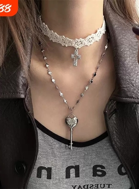 甜酷白色蕾丝十字架绑带choker叠戴爱心钥匙项链女小众设计感颈链