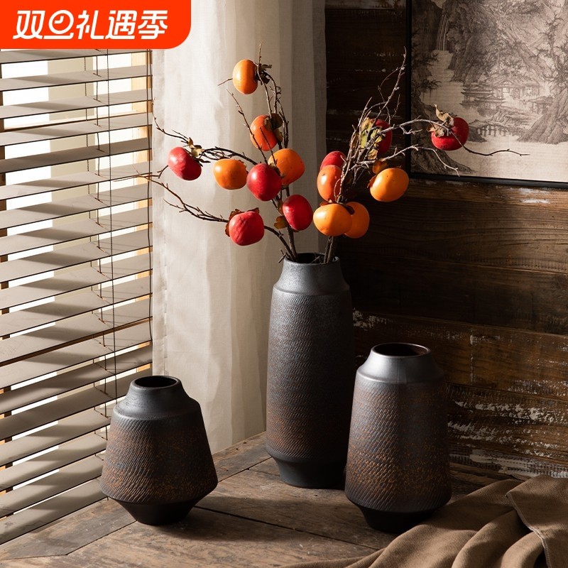 景德镇陶瓷花瓶铁艺工艺品复古桌面摆件书房客厅雕刻纹理装饰花器