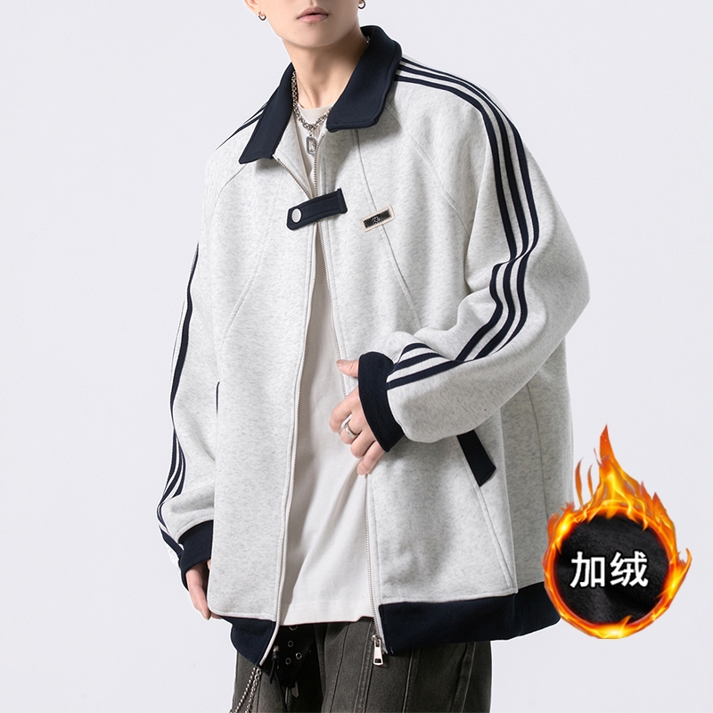 美式条纹加绒夹克外套男款秋季青少年上衣宽松运动棒球服休闲蓝色