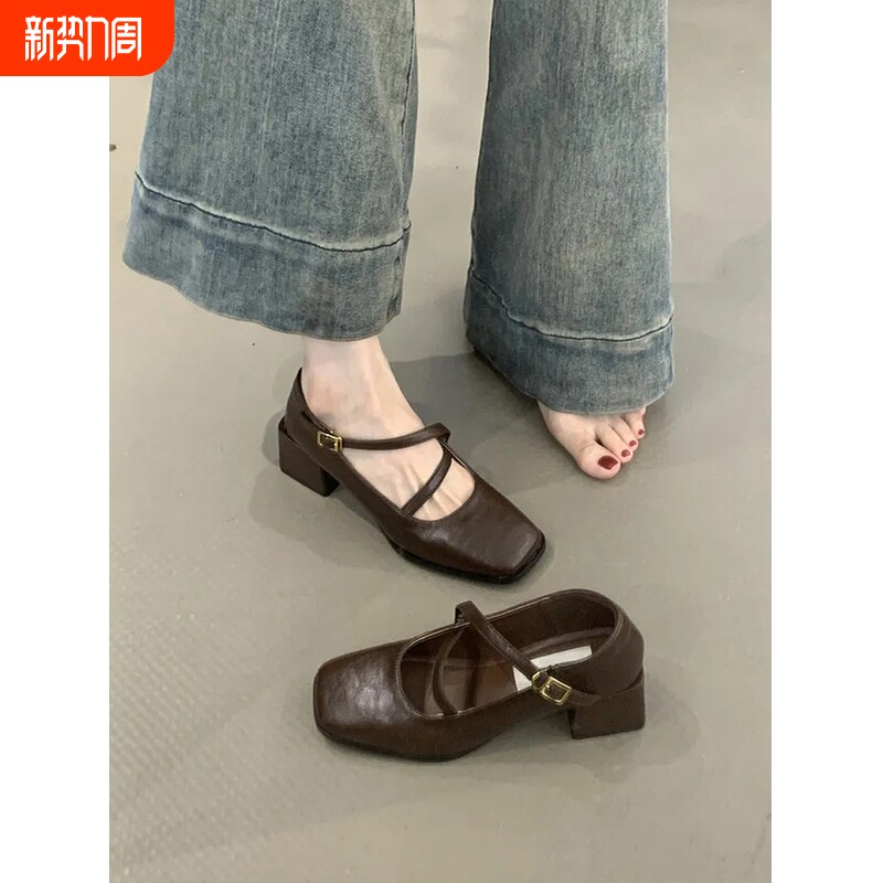 法式高跟鞋浅口粗跟单鞋女2025新款夏秋季配裙子乐福玛丽珍小皮鞋