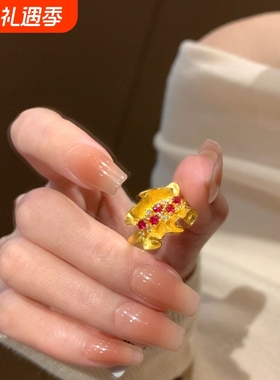 中古vintage镶钻金色褶皱戒指女小众红色锆石指环开口可调节手饰