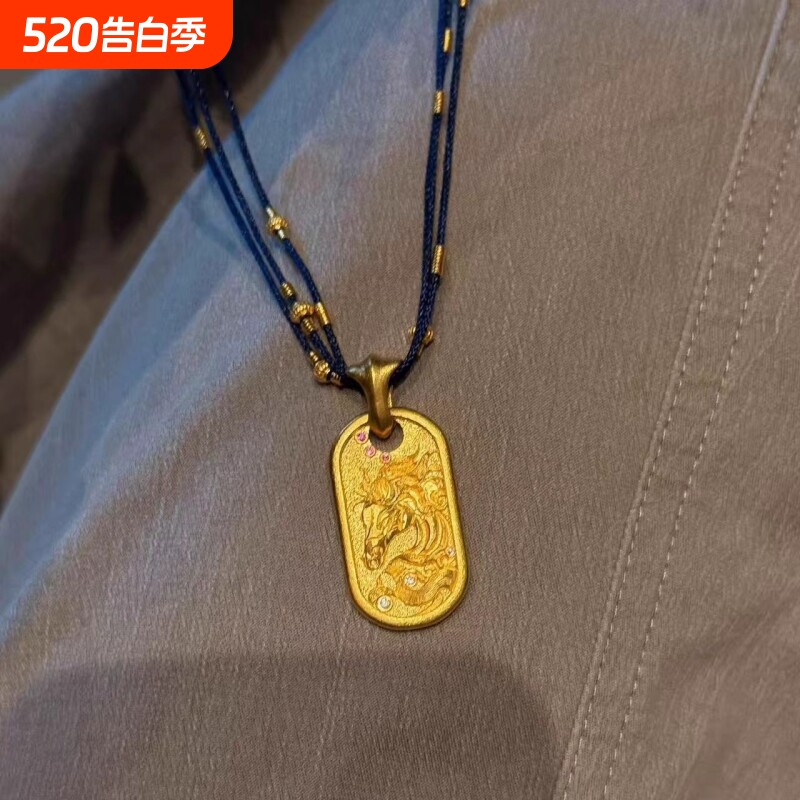 吉祥如意碎金方牌吊坠锤纹马儿立体吉言项链复古女送礼物项链饰品