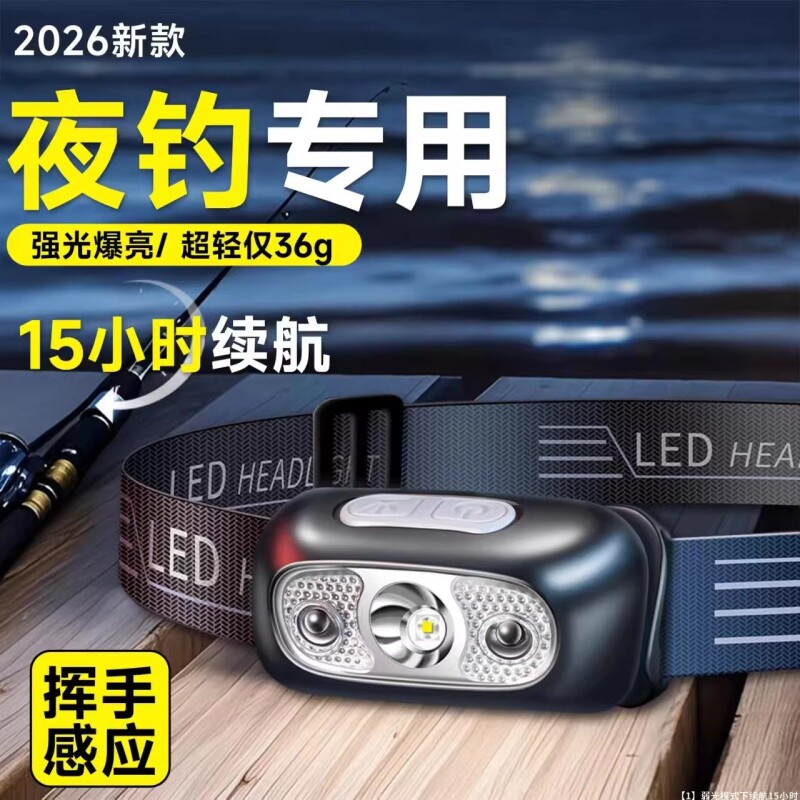 夜钓感应头灯钓鱼专用新款强光充电超亮超长续航野外头戴式照明灯