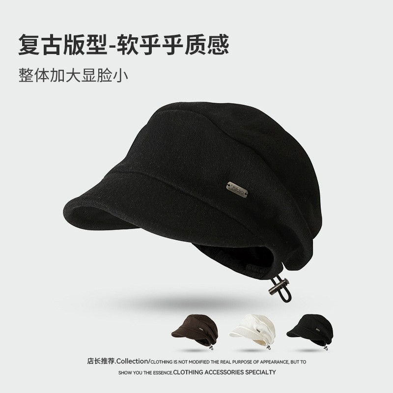 秋冬季帽子女新款毛呢鸭舌贝雷帽大头围遮脸报童帽八角黑色防风