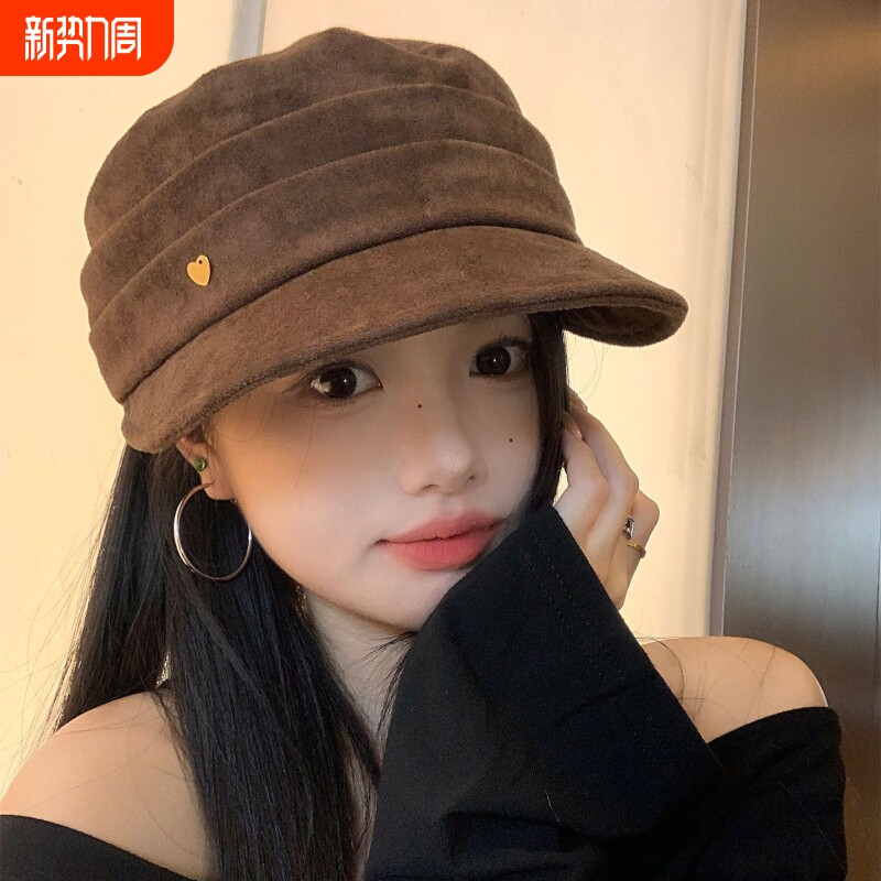 贝雷帽女2025新款复古仿麂皮马术帽子秋冬季报童帽显脸小平顶咖色