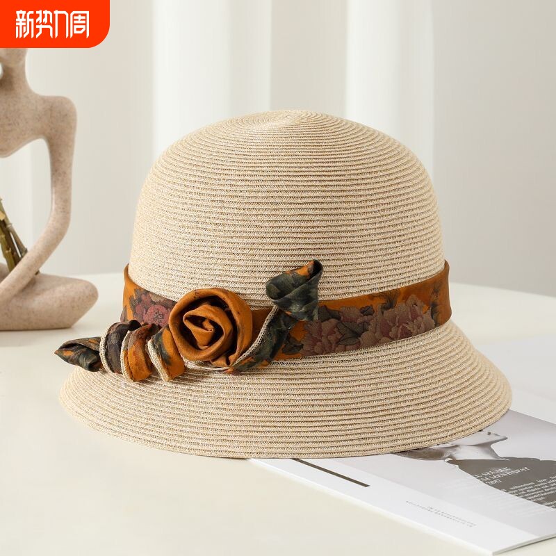 帽子女款2026新款夏季绸缎花朵草编遮阳帽海边沙滩防晒太阳帽草帽
