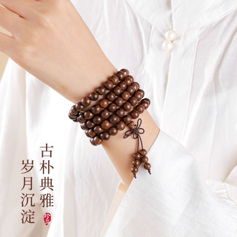 金丝檀多圈叠戴佛珠手串木质盘玩女士文玩男款檀香挂脖念珠手链男