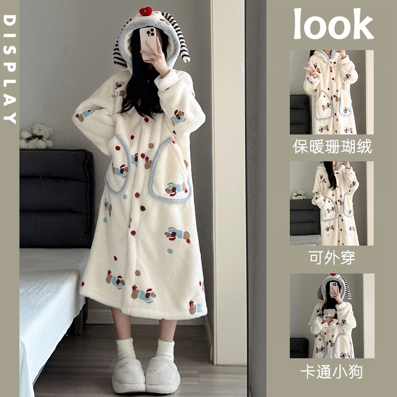 珊瑚绒睡衣睡袍女套装加厚秋冬季