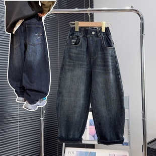 童装 男童加绒牛仔裤 儿童中大童宽松加厚一体绒老爹裤 新款 潮 秋冬季