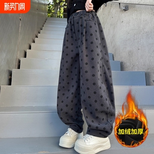女童加绒裤子秋冬款2025新款冬装女孩波点灯芯绒儿童冬季加厚绒裤