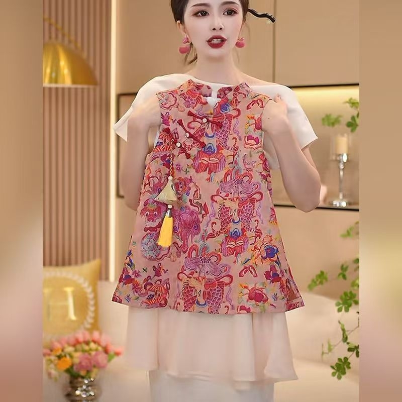 女童新中式无袖旗袍裙2025夏季假两件背心裙国风盘扣连衣裙提花12