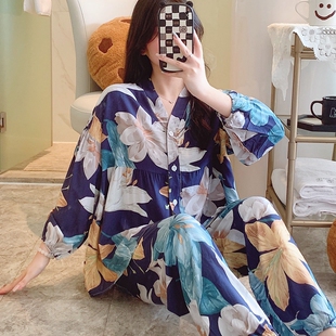 棉绸睡衣女长袖长裤人造棉春秋2024年开衫套装家居服格子贴身