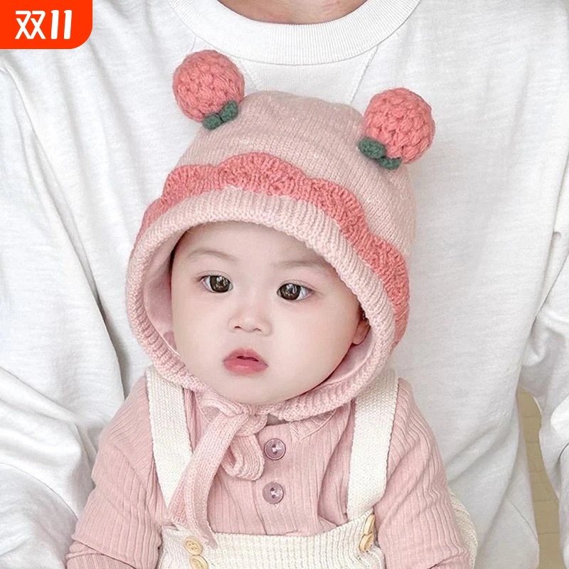 婴幼儿帽子秋冬季韩版毛线帽可爱草莓男女宝宝针织护耳帽防风保暖