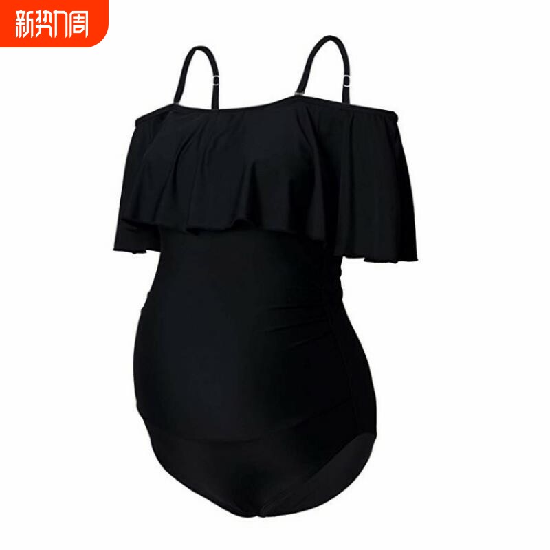 2023新款欧美孕妇泳衣托肚大荷叶边一字肩连体泳衣比基尼源头厂家