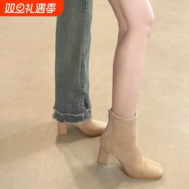 秋冬季高跟鞋马丁靴小个子靴子法式瘦瘦靴绒面粗跟短靴女加绒裸色