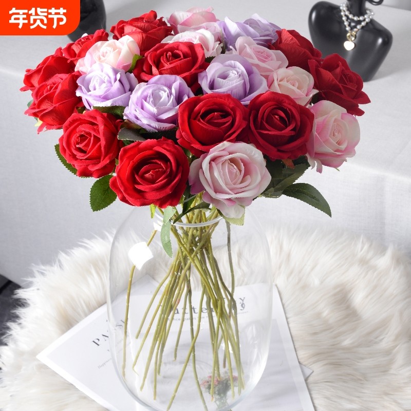 仿真玫瑰花单支绒布玫瑰仿真花装饰假花摆放红色高级落地氛围花卉