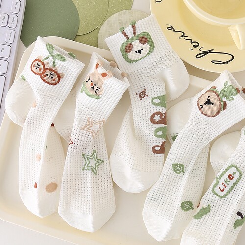 女童袜子透气网眼夏季薄款6到12岁洋气涂鸦女孩儿学生冰丝袜优选