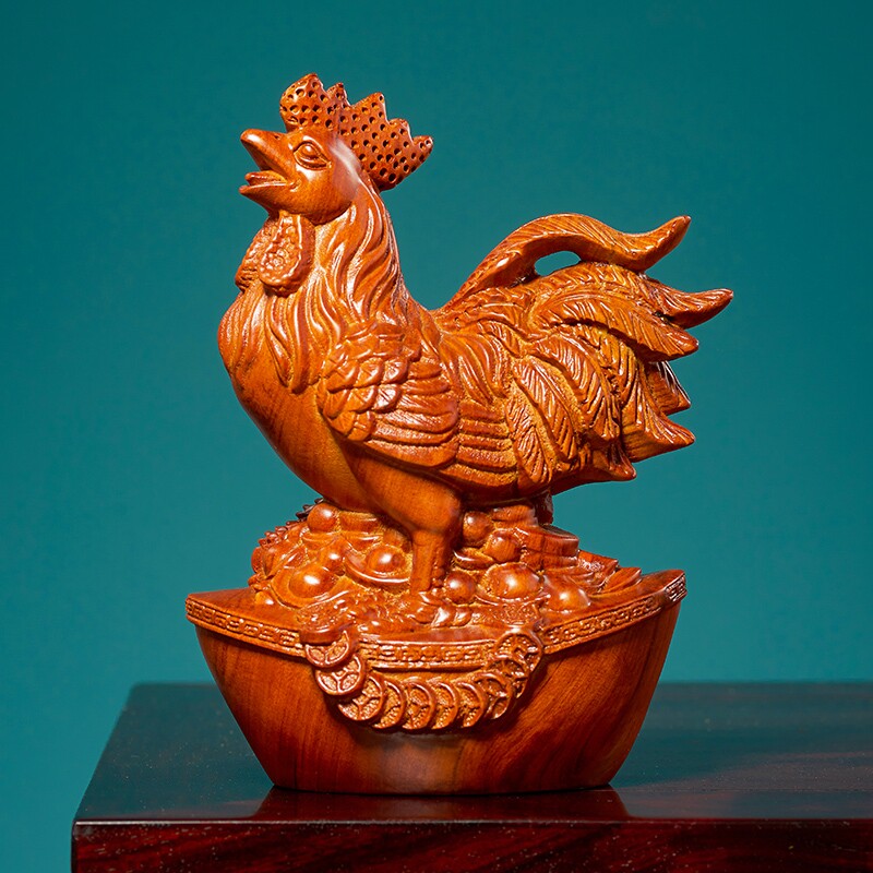 花梨木雕金鸡摆件十二生肖公鸡现代家居装饰客厅办公室工艺品摆设
