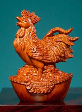 花梨木雕金鸡摆件十二生肖公鸡