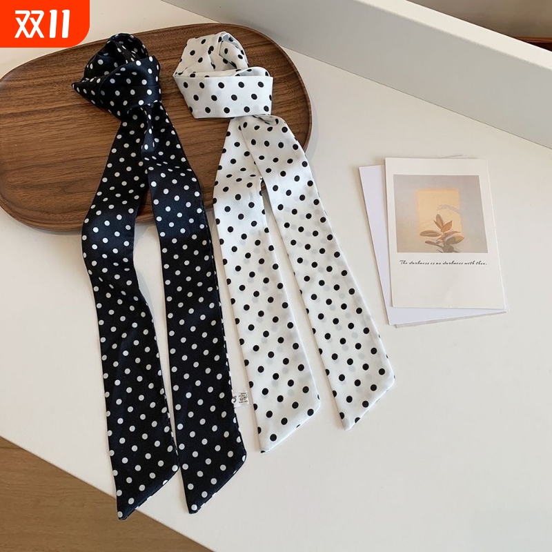 韩系黑白波点小长条发带丝巾女春秋围巾飘带绑包系脖领巾头巾腰带
