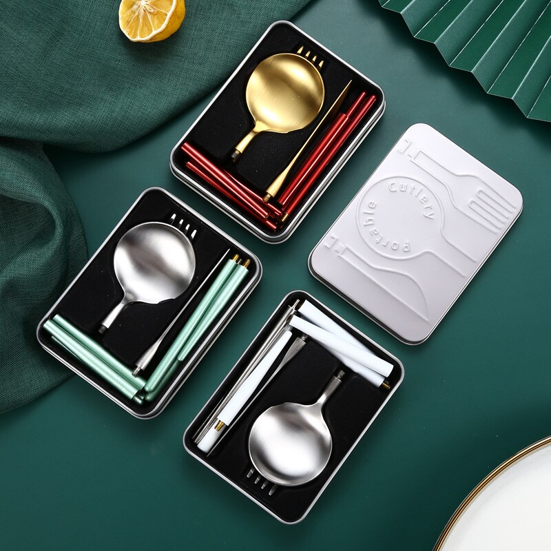 跨境304不锈钢便携餐具套装折叠筷子勺子一套户外旅行刀叉勺套装