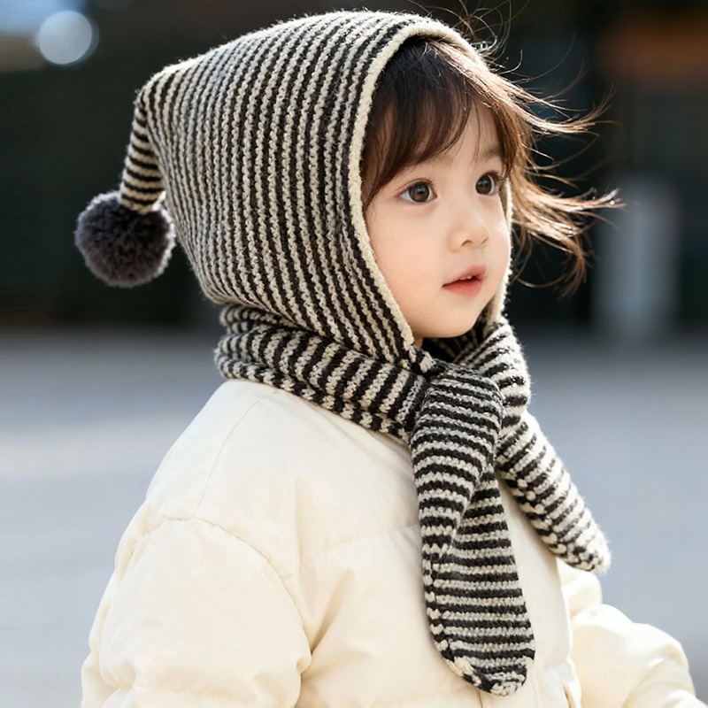 儿童帽子围巾一体帽秋冬季男童女童针织毛线护耳宝宝保暖防风条纹