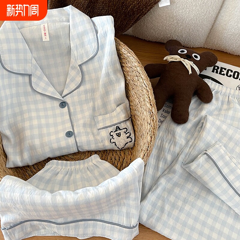 红豆可爱格子小狗睡衣女夏季纯棉纱布2026新款卡通短袖三件套装家