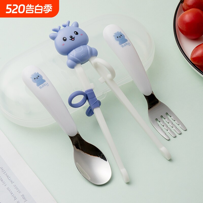 创意304不锈钢儿童餐具勺叉筷3件套回弹练习筷宝宝学吃饭训练勺子