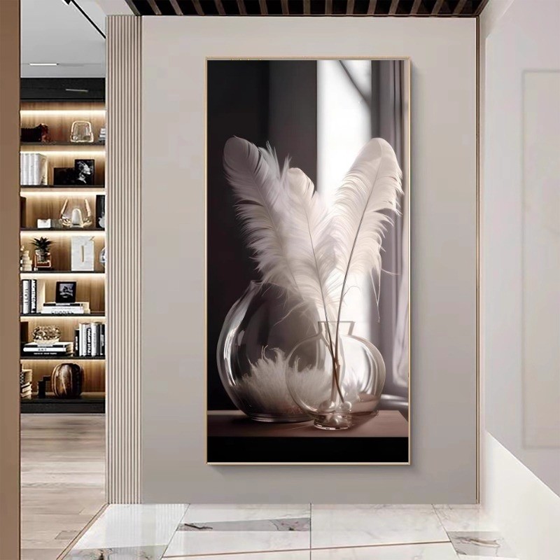 轻奢入户羽毛玄关装饰画客厅走廊过道挂画新款竖版墙壁画框画感应