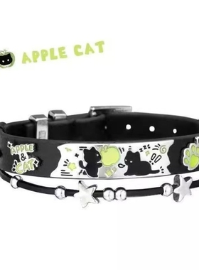 敲可爱!黑猫青苹果手链新款小众设计甜酷皮革手环手镯卡通设计感