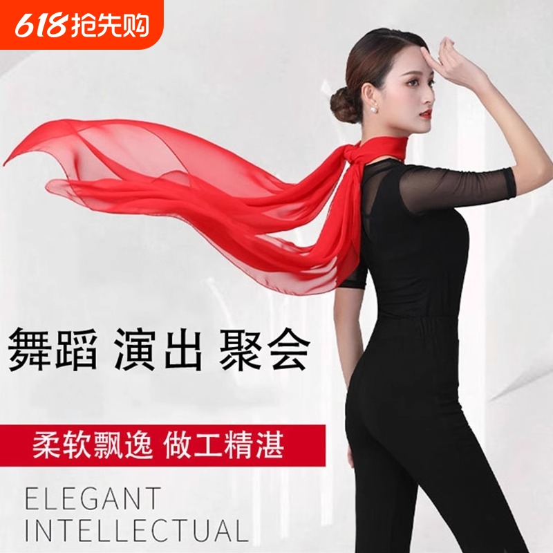 大红色丝巾妈妈围巾女舞蹈跳舞中国红雪纺纱巾秋冬季氛围轻薄年会