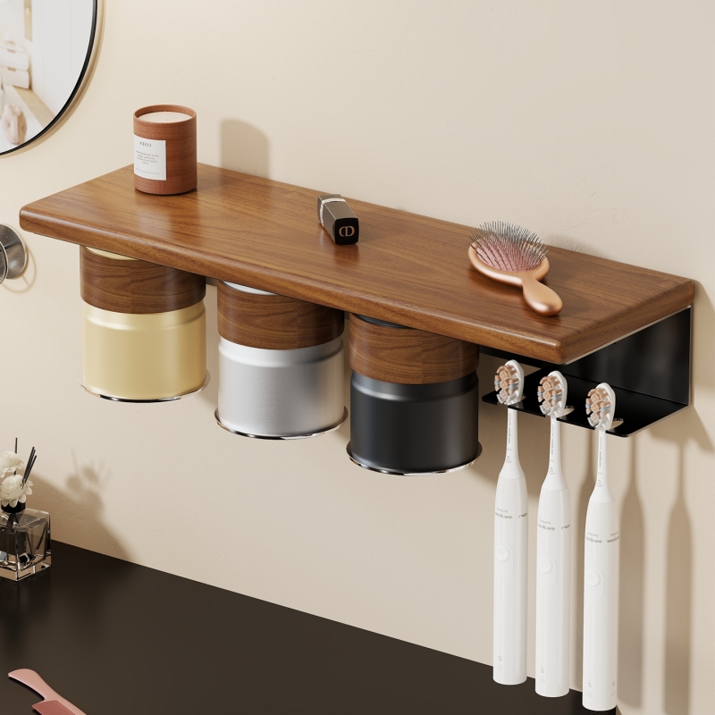 实木洗漱杯架磁吸刷牙漱口杯