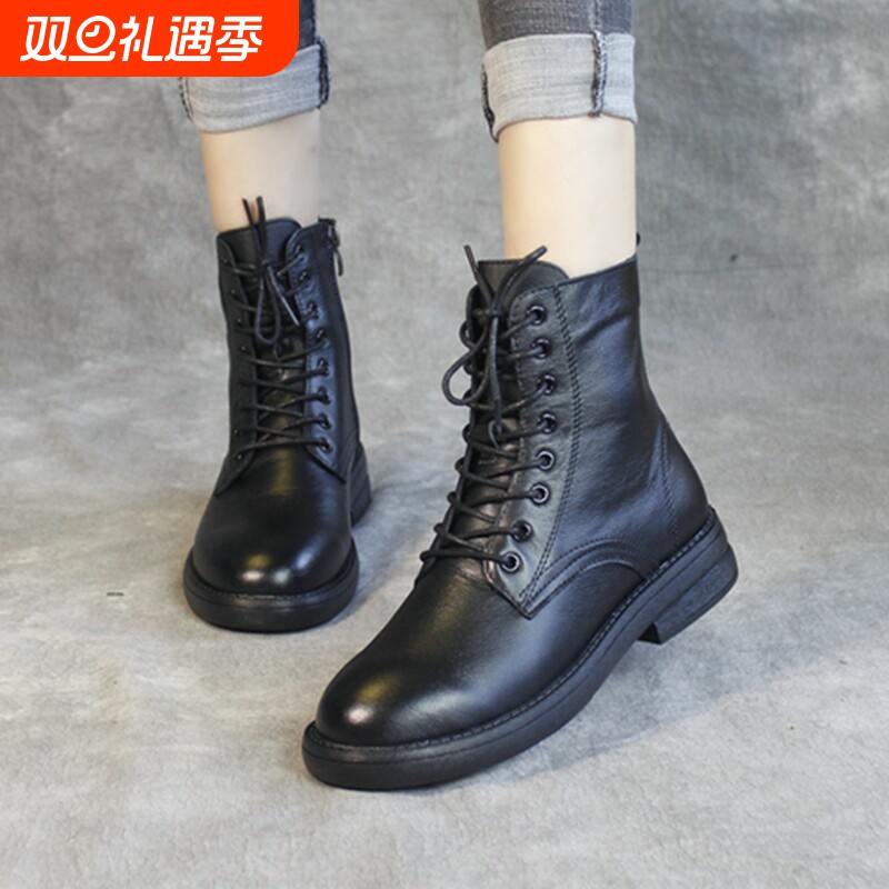 品牌真皮英伦风马丁靴女2025新款春秋时尚百搭侧拉链平底防滑女靴