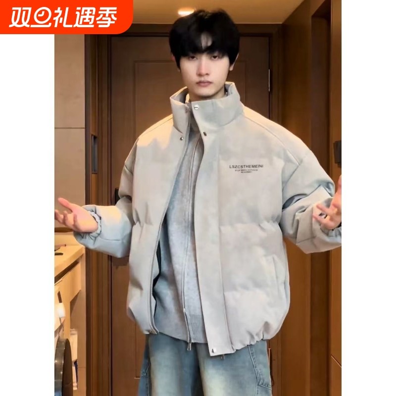 户外PU皮雾面羽绒服男款冬季加厚高级感痞帅美式复古外套立领宽松