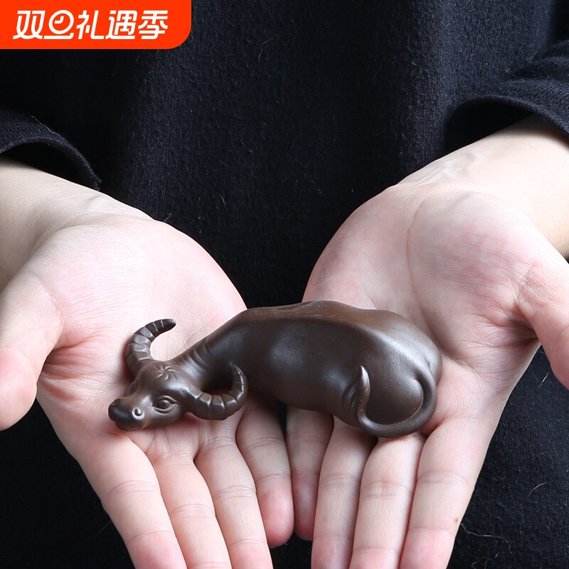 紫砂小水牛茶宠摆件茶艺功夫茶具茶玩扭牛转乾坤茶盘配件可养手工