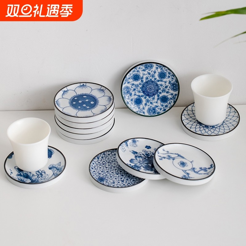 陶瓷青花杯垫家用茶桌垫复古杯垫杯托功夫茶道配件防烫隔热垫