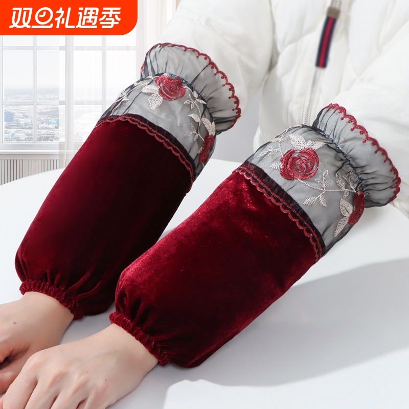 长款袖套女蕾丝上班耐脏套袖女款金丝绒手袖羽绒服护袖头黑色红色