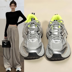 毅雅老爹鞋女2024新款春秋超轻厚底透气百搭休闲鞋银色复古运动鞋