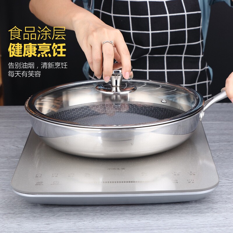 不锈钢煎锅平底炒锅无涂层煎蛋煎饼锅家用平底锅不粘锅电磁炉