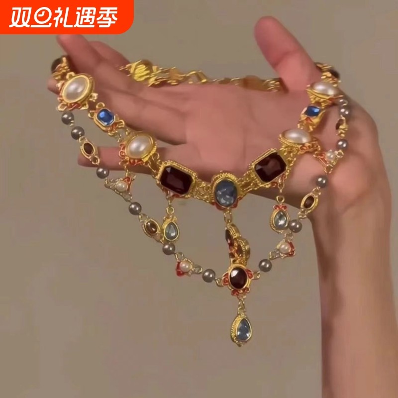 彩色珍珠项链女vintage巴洛克流苏双层锁骨链颈链潮爱心轻奢镀