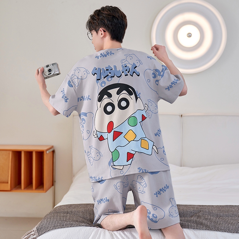 睡衣男孩夏季短袖纯棉薄款卡通蜡笔小新大码青少年初中生男孩套装