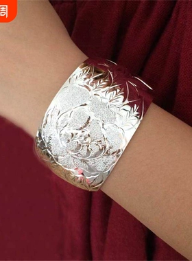【幂琳】纯银牡丹花手镯999足银镯子女开口超宽面韩版时尚简约莲