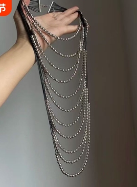 波西米亚高级银色仿珍珠夸张多层嘻哈女士项链长款个性复古毛衣链