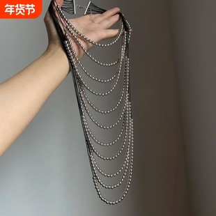 波西米亚高级银色仿珍珠夸张多层嘻哈女士项链长款个性复古毛衣链