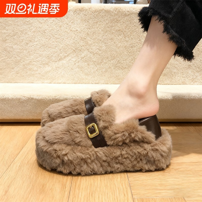 两穿毛毛鞋女2025年新款冬季厚底增高加绒保暖一脚蹬棉鞋圆头浅口