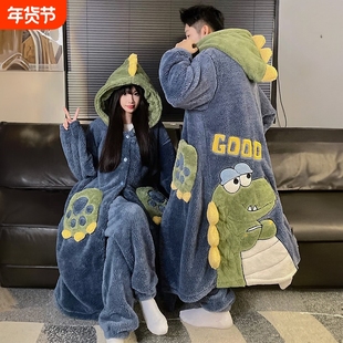 情侣睡衣女款秋冬季加绒加厚男士睡袍珊瑚绒冬天法兰绒浴袍家居服