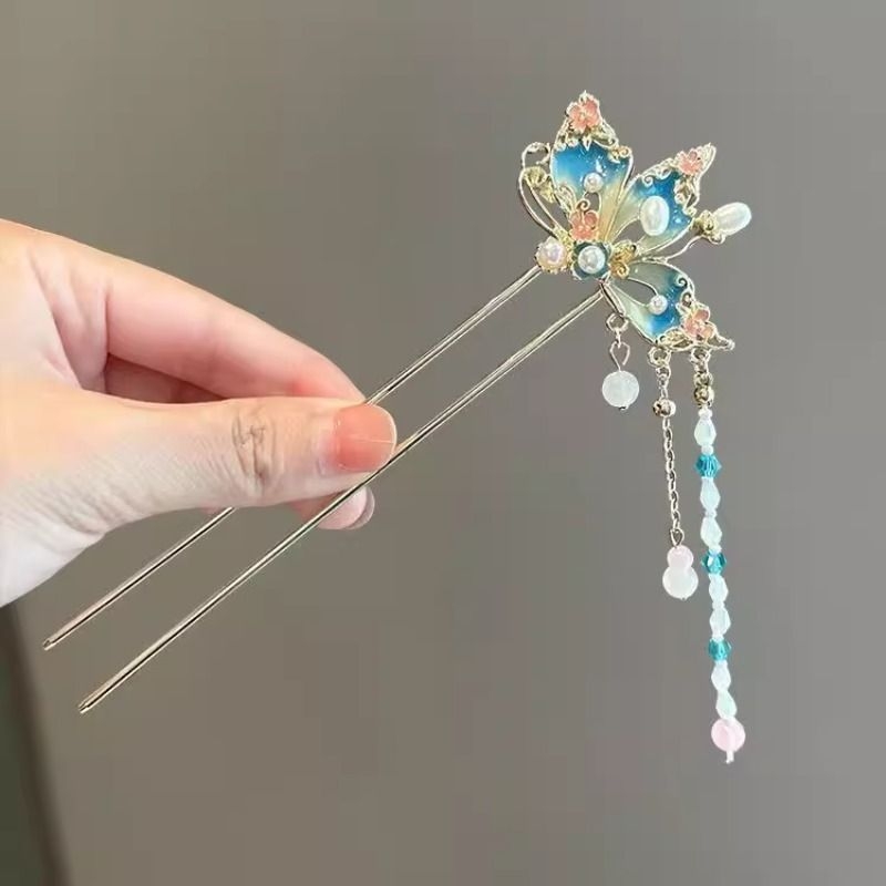 古风蝴蝶流苏u型发簪女小众设计感发钗早秋新款现代简约盘发簪子