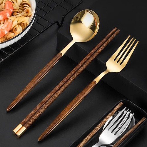 复古高级餐具套装圆柱木柄筷子